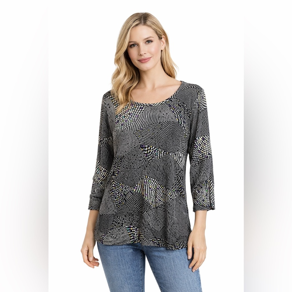 Comfy USA Blouse Women's Size Large Lightweight Sheer Abstract Artsy Black White
